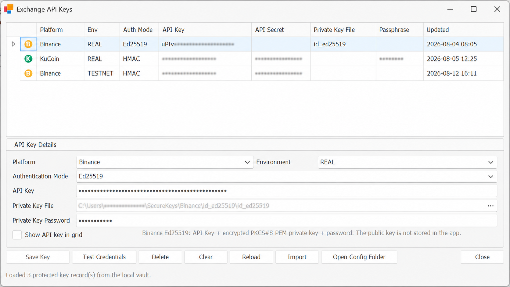 StratTrade Binance Exchange API Keys configuration with protected credential values