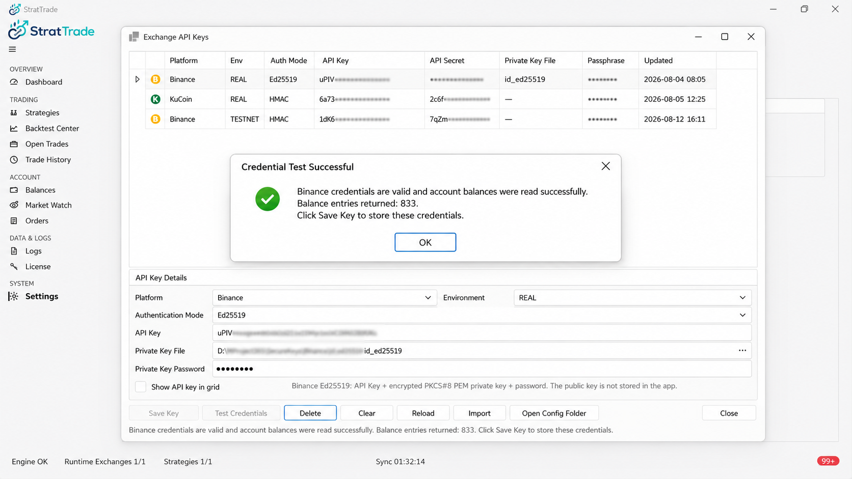 StratTrade successful Binance credential test