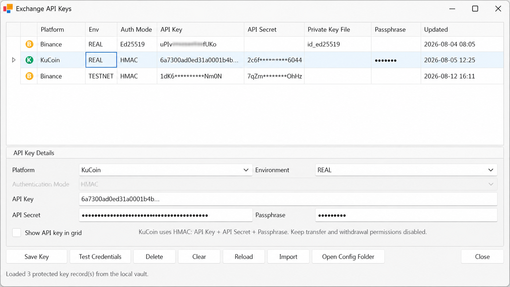 StratTrade KuCoin Exchange API Keys configuration with protected credential values