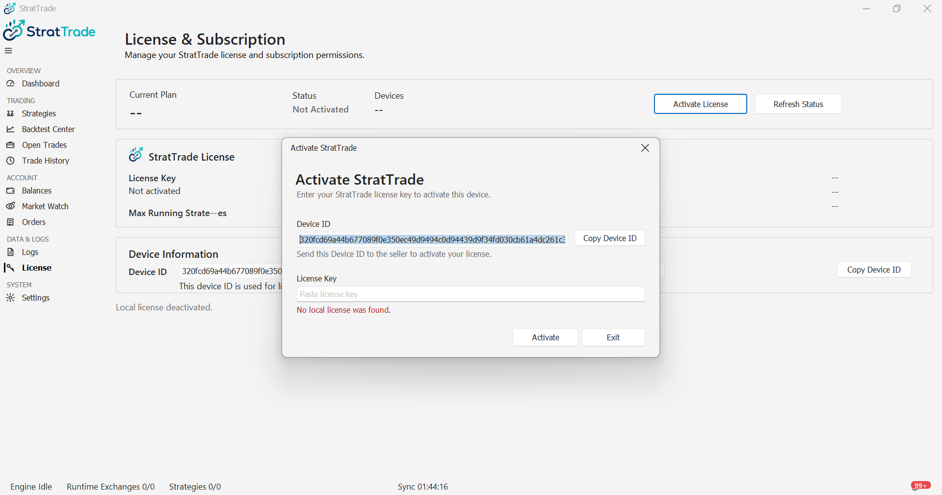 StratTrade License and Subscription screen with the Activate StratTrade dialog open