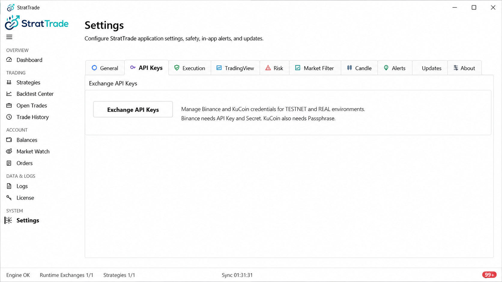 StratTrade Settings API Keys tab