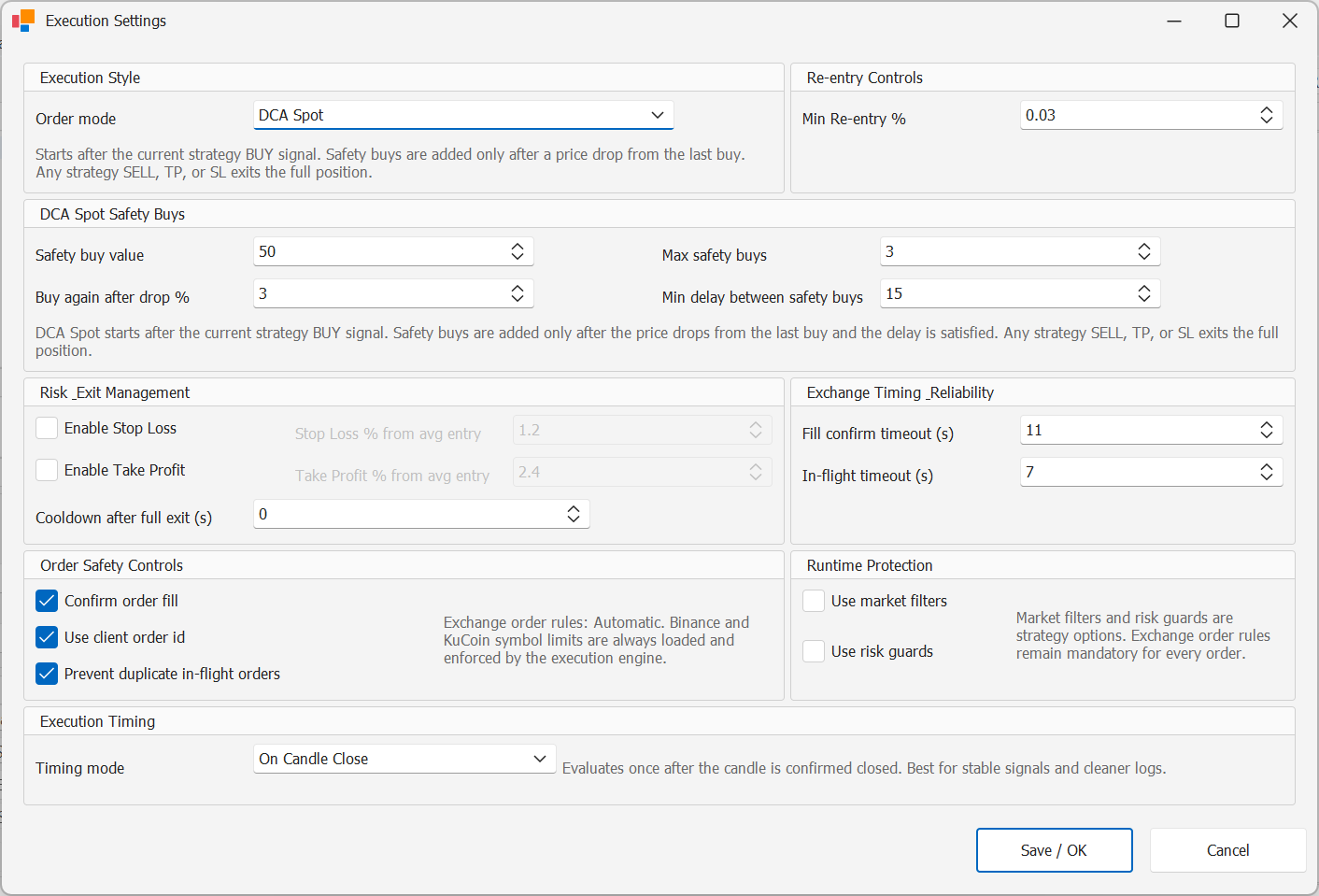 StratTrade DCA Spot execution settings