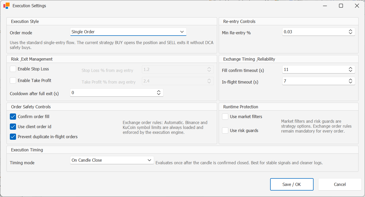 StratTrade Single Order execution settings
