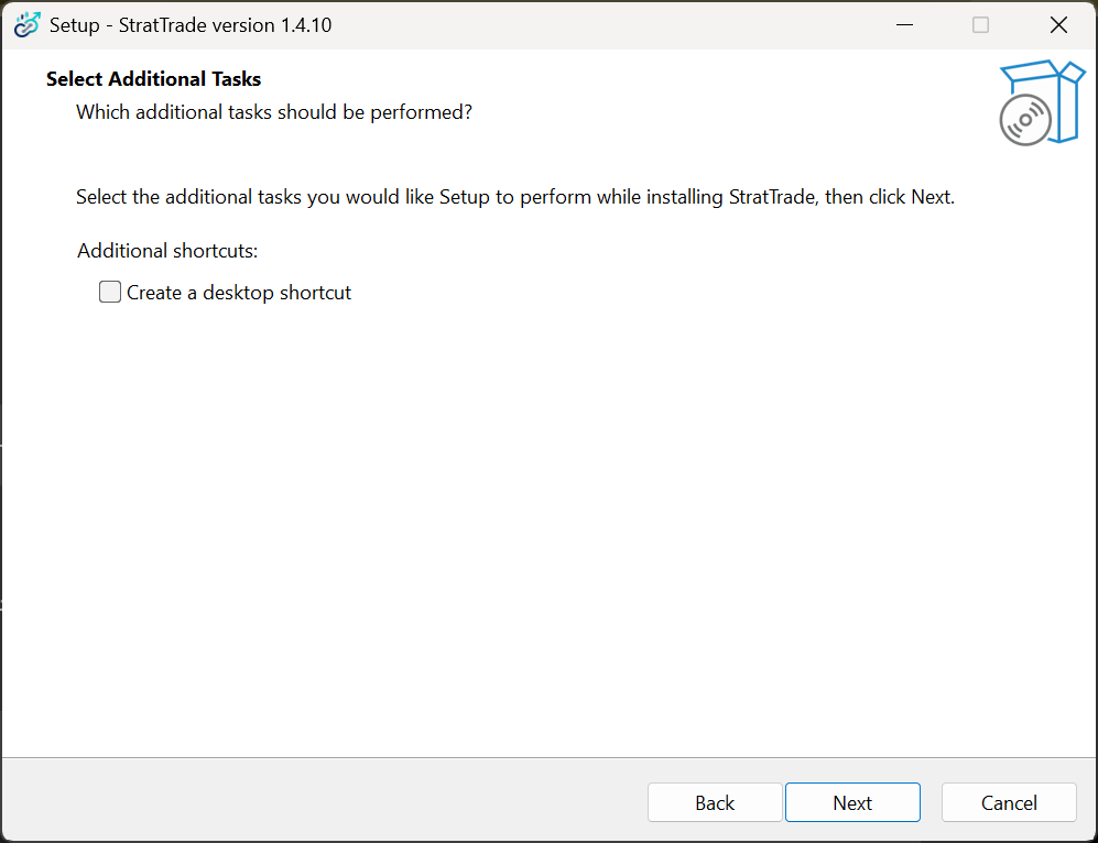 StratTrade Setup Select Additional Tasks screen