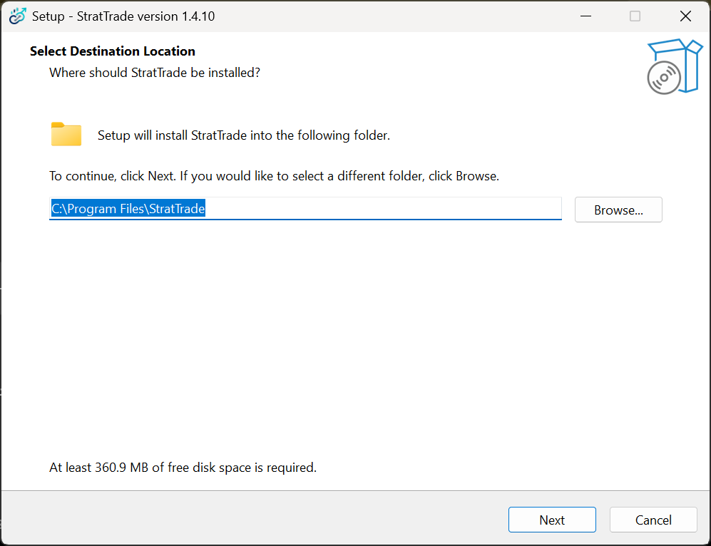 StratTrade Setup Select Destination Location screen