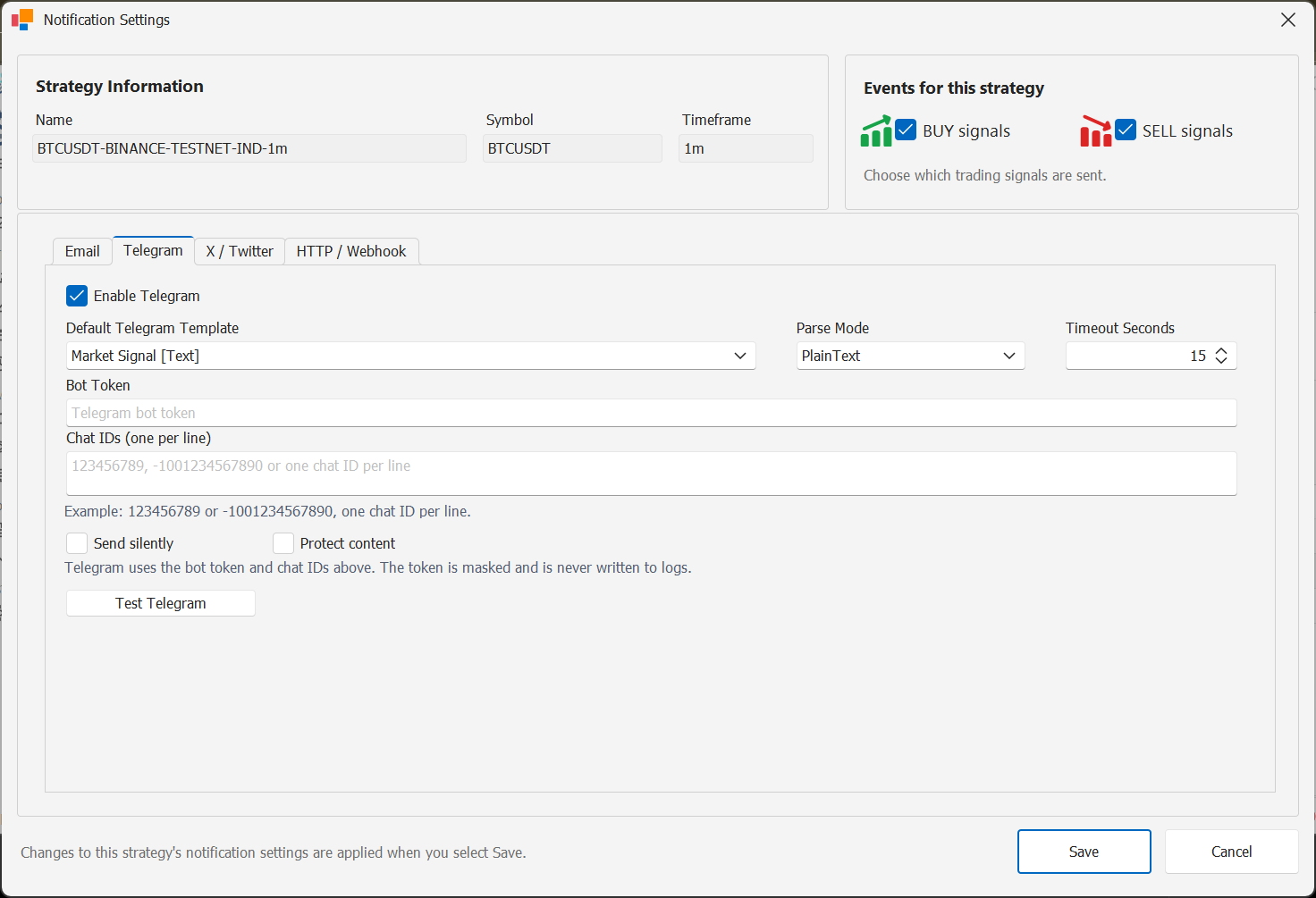 StratTrade Telegram notification service settings
