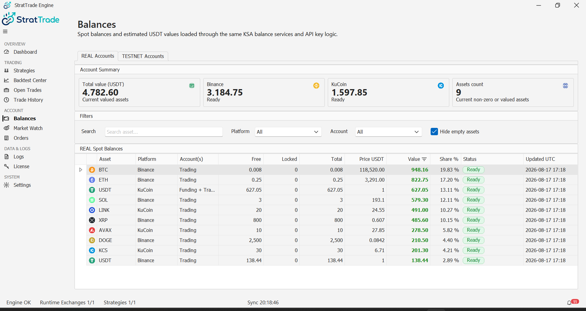 StratTrade Balances view