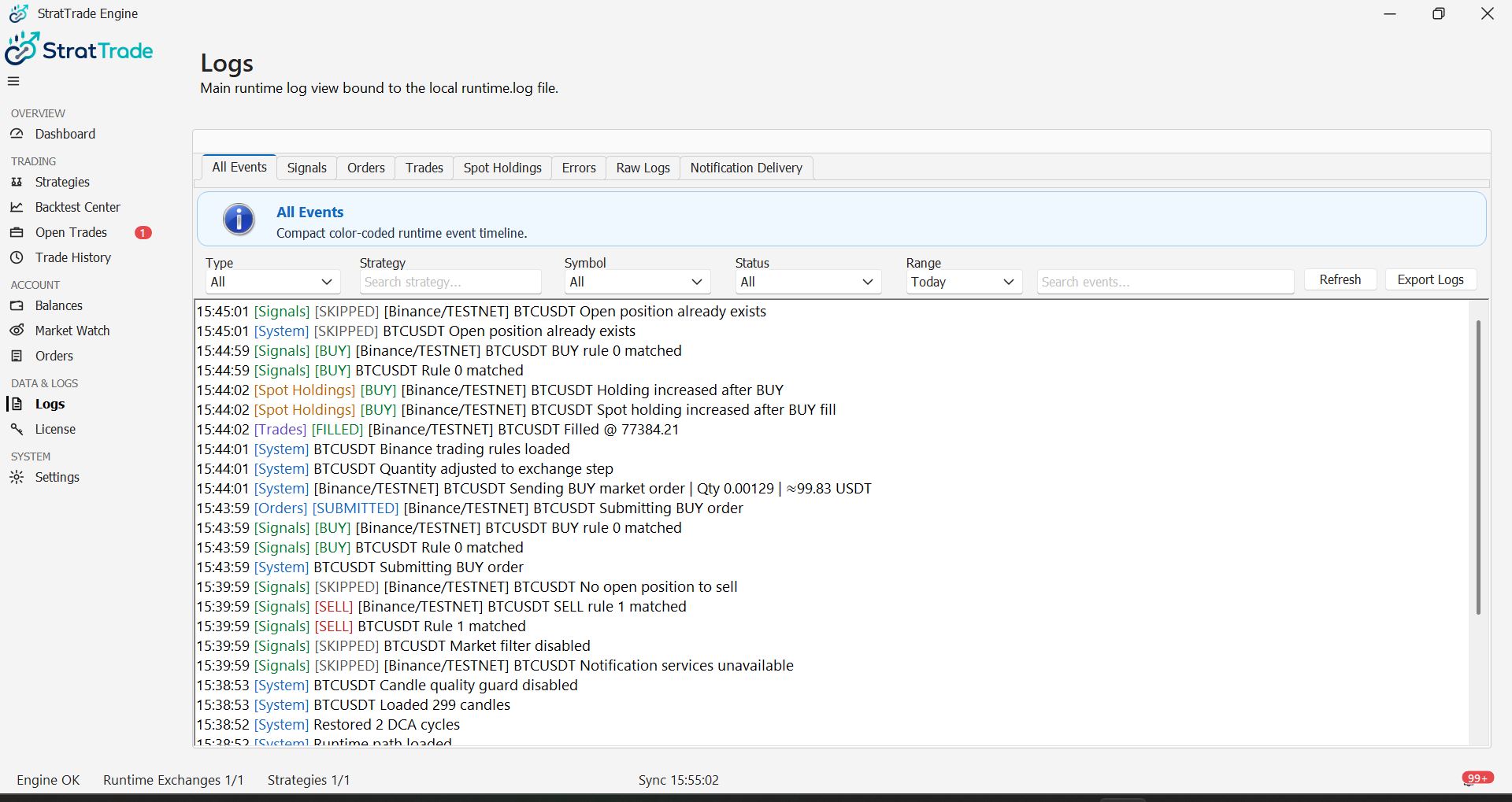 StratTrade Logs All Events view