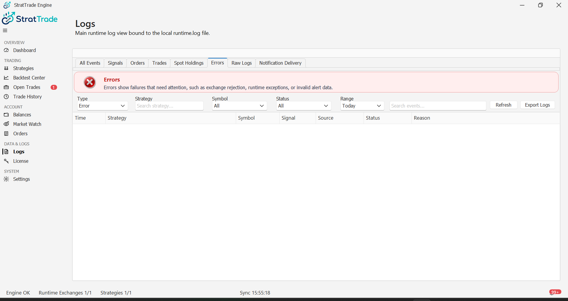 StratTrade error logs