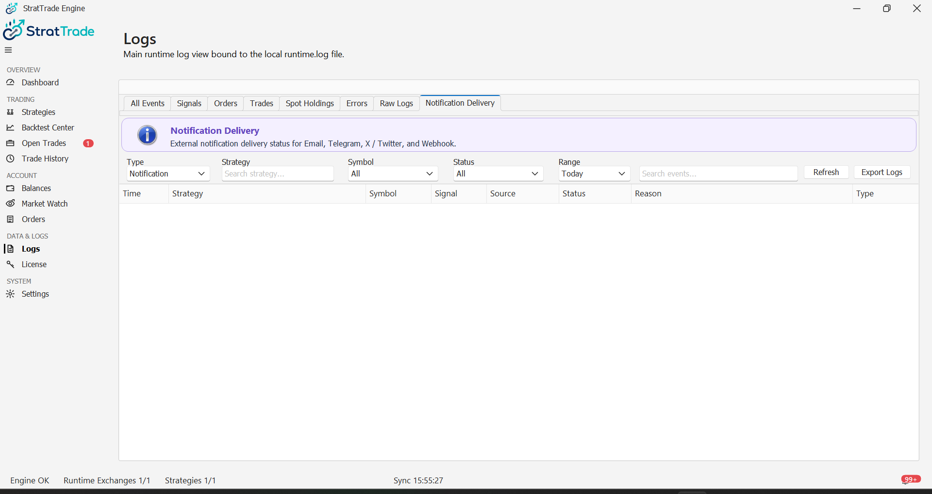 StratTrade notification delivery logs
