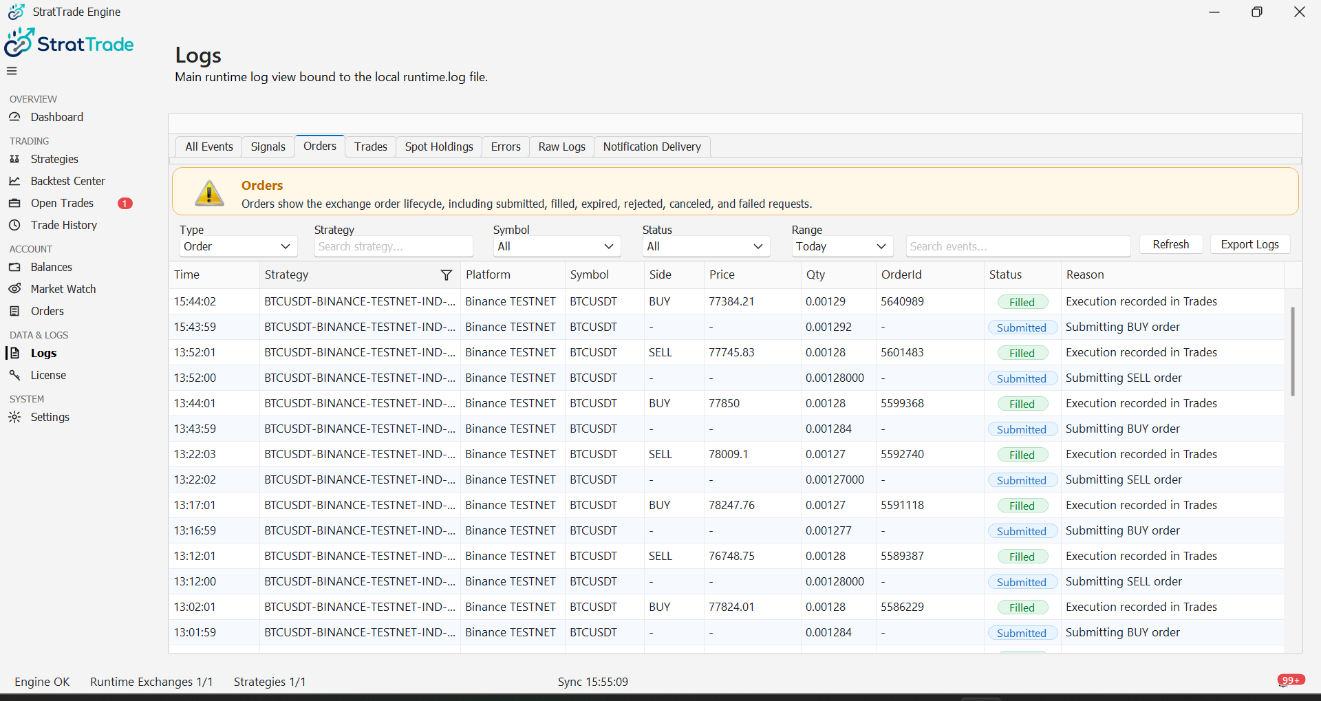 StratTrade order logs