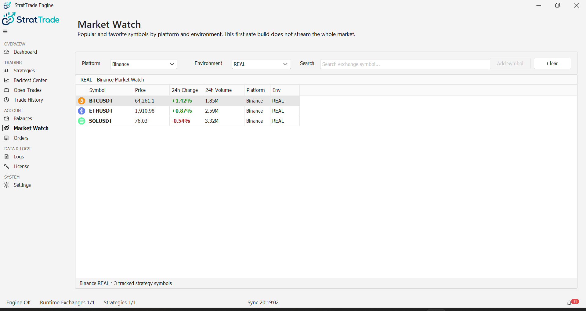 StratTrade Market Watch view