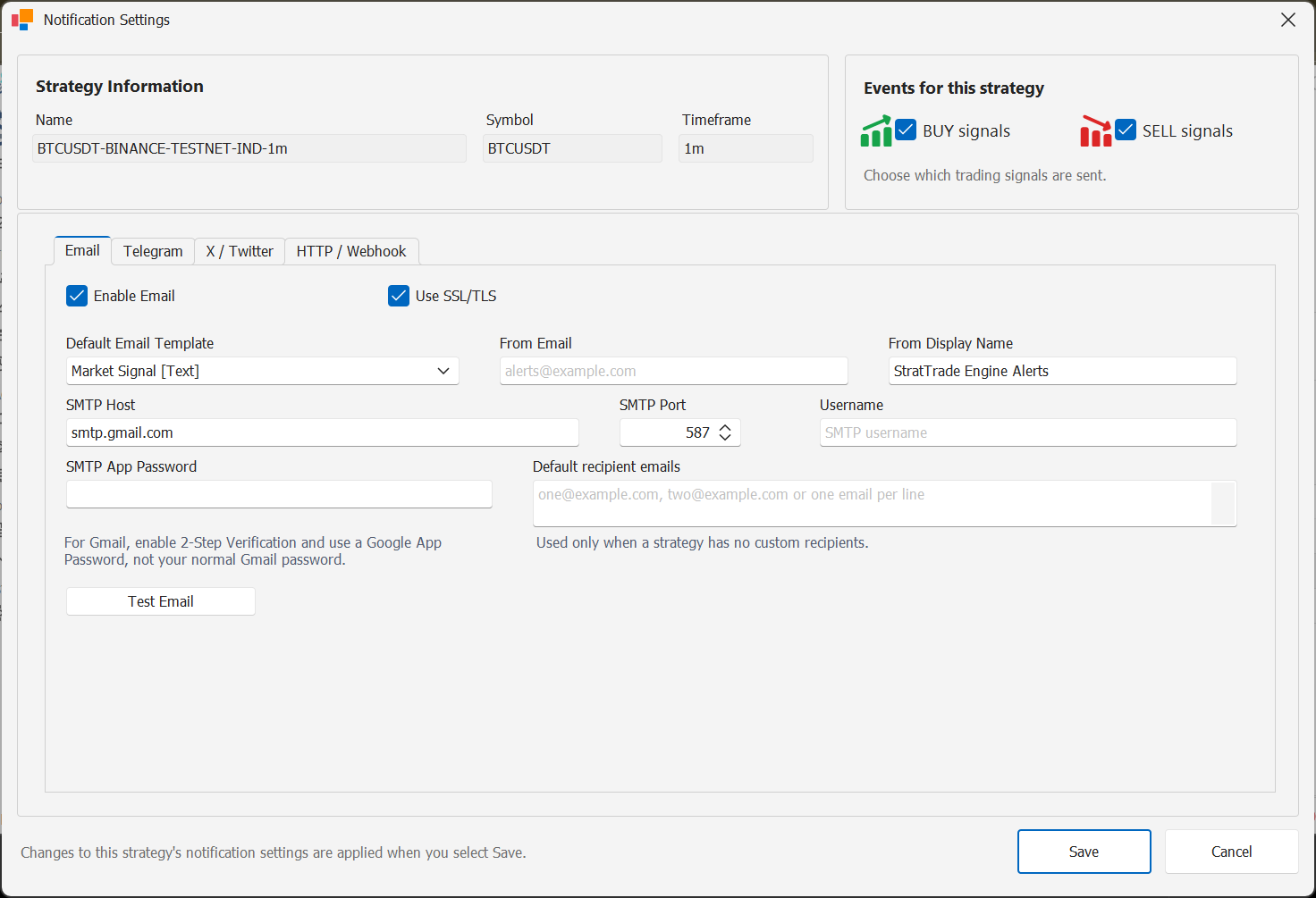StratTrade Email notification settings