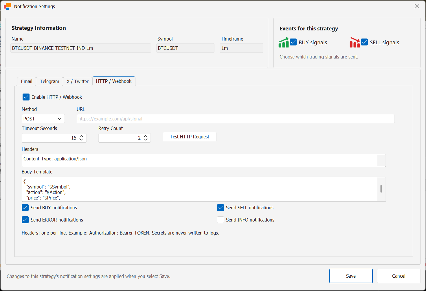 StratTrade HTTP Webhook notification settings
